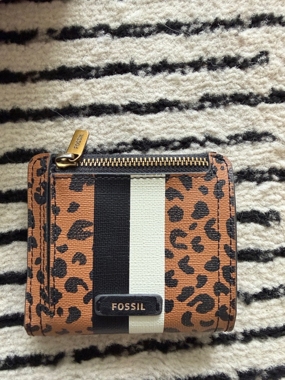Fossil Leopard-Print Zip Wallet in Tan, Black and Cream